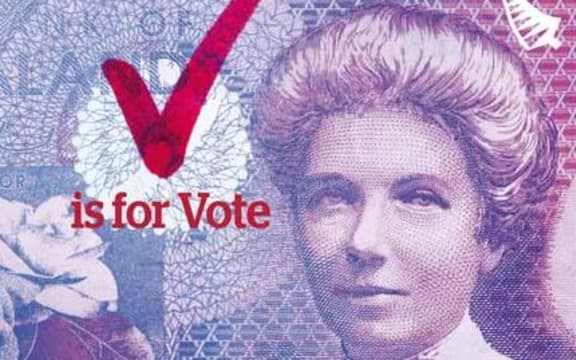 V is for Vote stamp featuring Kate Sheppard