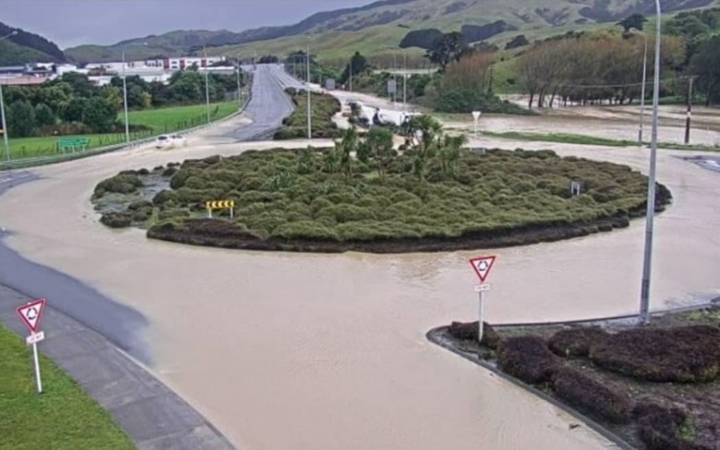 Flooding at Plimmerton Roundabout on SH59, north of Wellington, at 1pm Sunday.