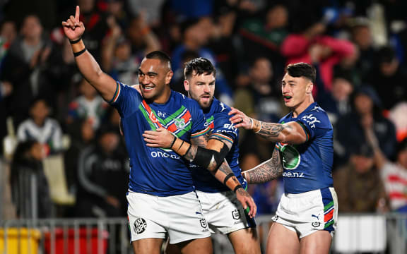 Warriors players Marata Niukore celebrates his try during the New Zealand Warriors v Canberra Raiders, Round 21 rugby league match of the 2023 NRL Premiership season at Go Media Mt Smart Stadium, Auckland, New Zealand. Friday 21 July 2023. © Photo credit: Andrew Cornaga / www.photosport.nz