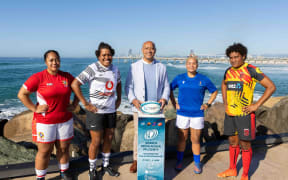 The team captains with Oceania Rugby general manager Frank Puletua