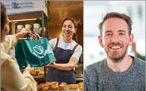Image of a 'surprise bag' being handed to a customer. Right: Country director Joost Rietveld