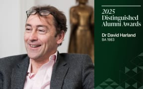 Head shot of David Harland with glasses on his head and graphic alongside saying  20205 Distinguished   Alumni Award, Dr David Harland BA 1983
