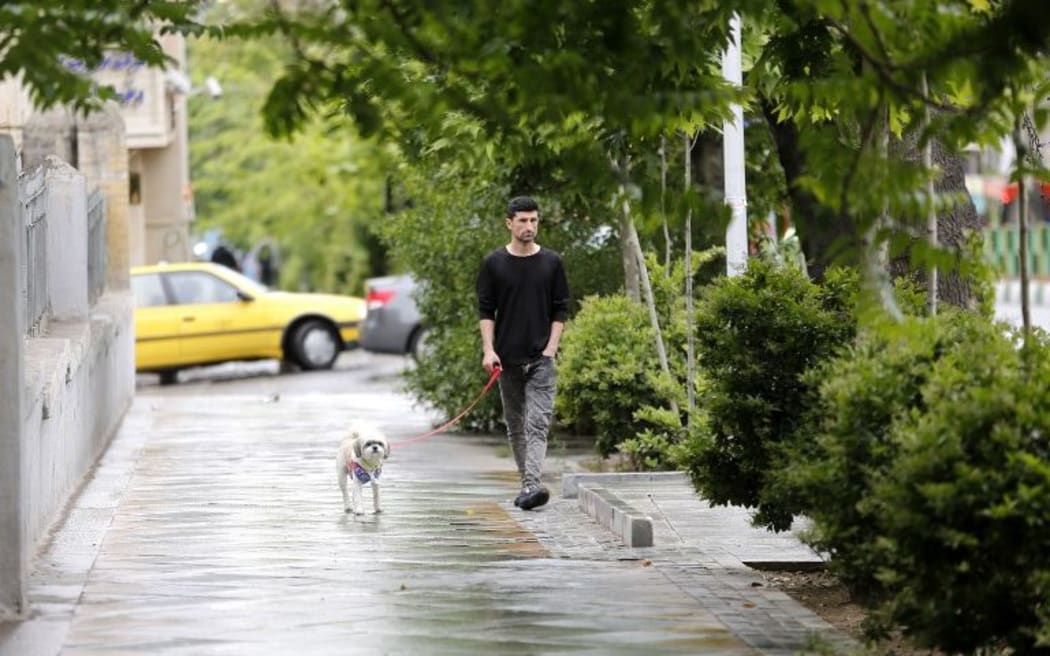 A man walks his dog in Tehran, Iran.