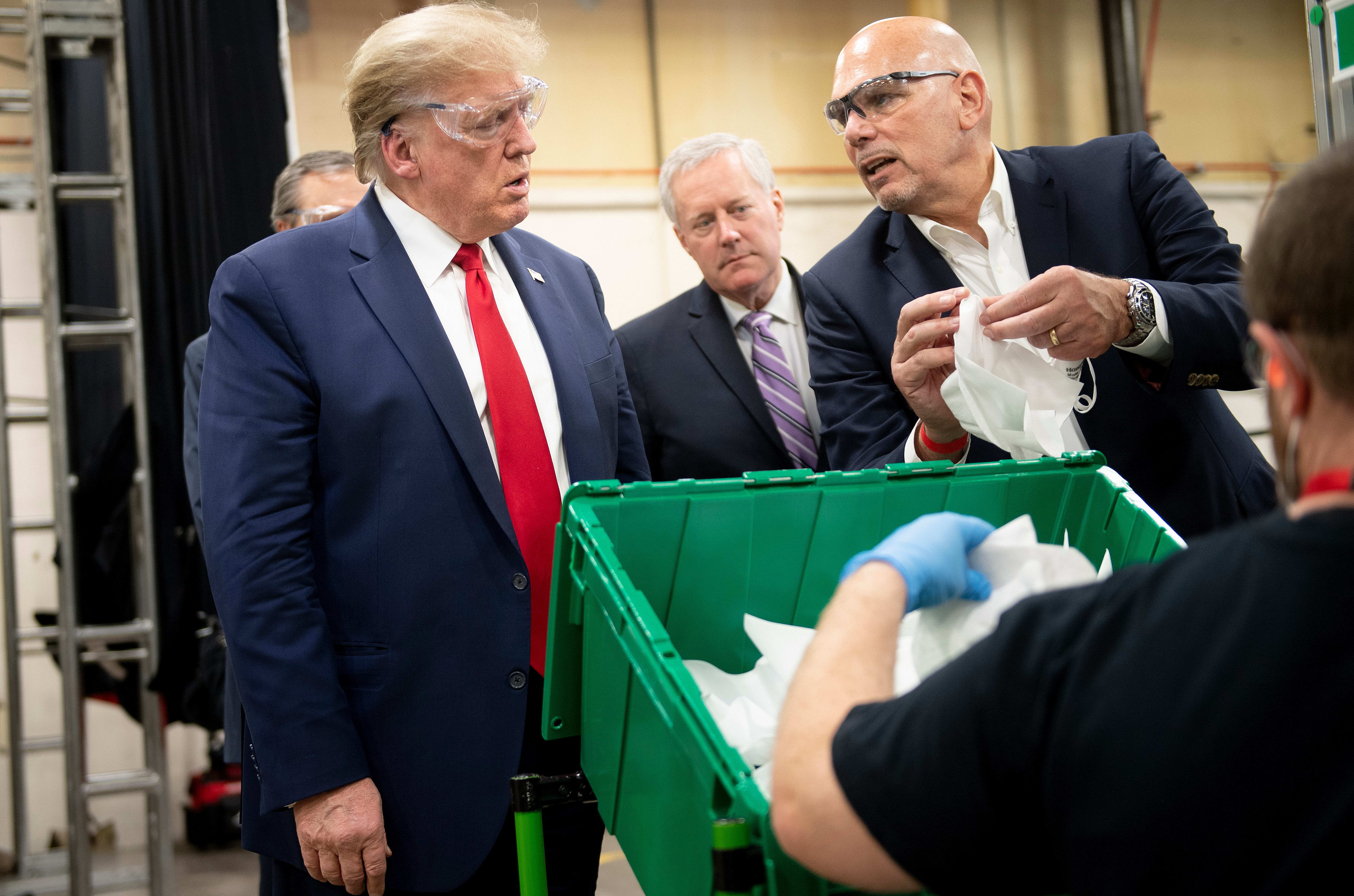 US President Donald Trump tours a Honeywell International factory producing N95 masks on May 5, 2020, in Phoenix, Arizona.