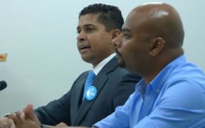 The Fiji Supervisor of Elections, Mohammed Saneem, with the Chairman of the Media Industry Development Authority, Ashwin Raj.