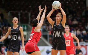 Silver Fern Grace Rasmussen in action against Wales 2017.