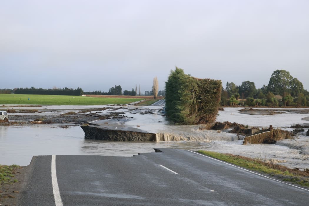 Thompsons Track in Mid Canterbury was washed out by floods after days of heavy rainfall.