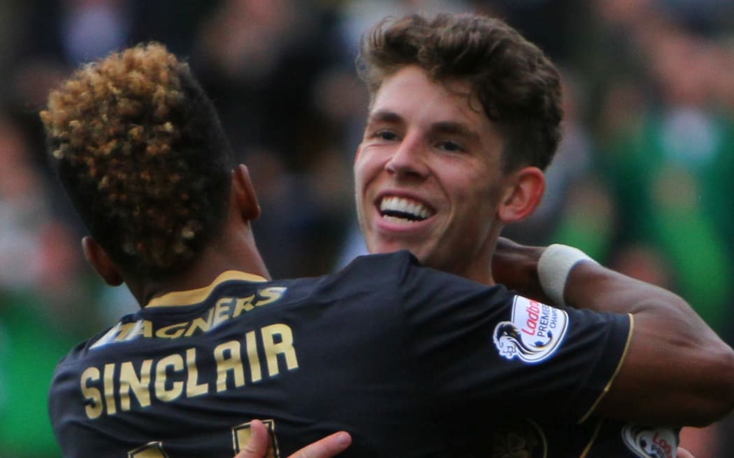 20.08.2016. McDiarmid Park, Perth, Scotland. Scottish Premier League Football. St Johnstone versus Celtic. Scott Sinclair congratulates Ryan Christie on his goal