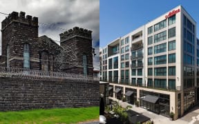 Mt Eden prison, left, and Adina apartment hotel.