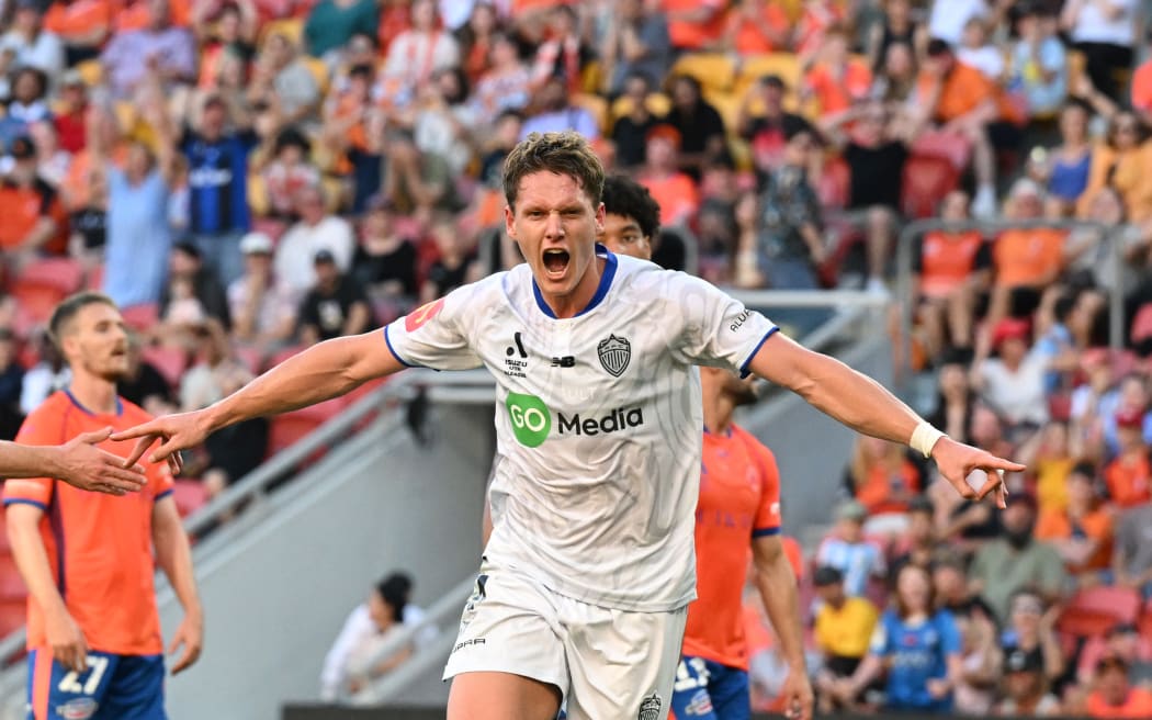 Nando Pijnaker of Auckland FC after scoring against the Brisbane Roar.