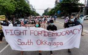 Protesters demonstrate against the military coup in Yangon, Myanmar, on 30 April.