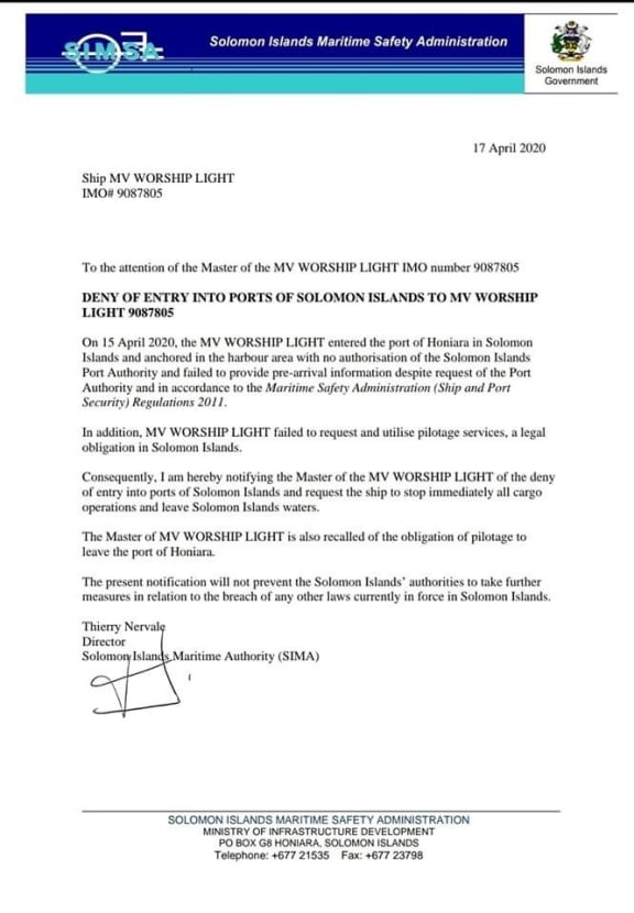 The Solomon Islands Maritime Safety Administration letter denying MV Worship Light entry to Solomon Islands.