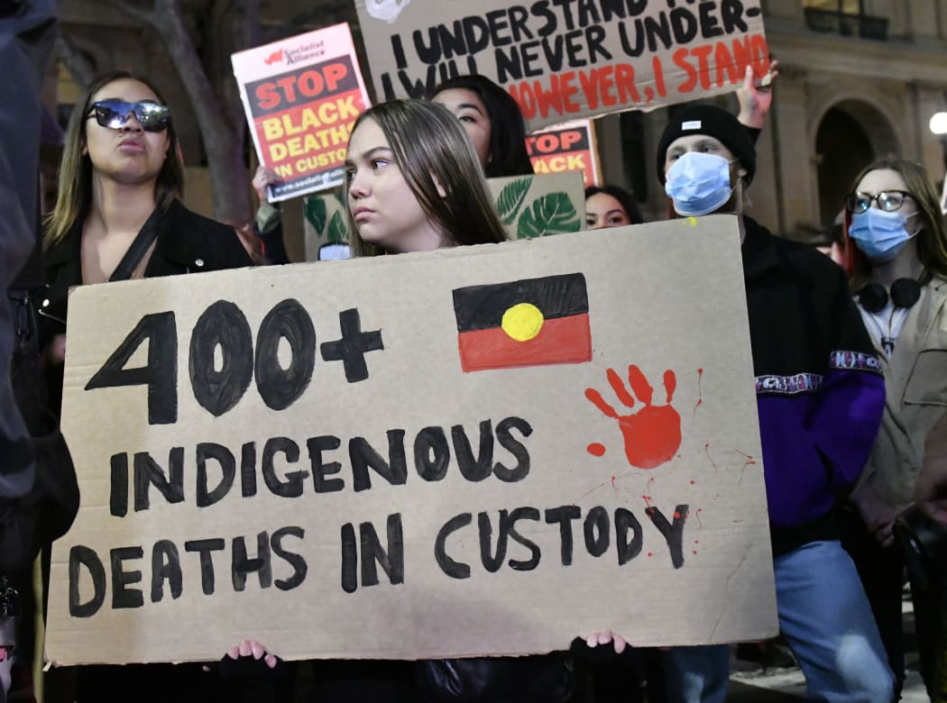 Protesters demonstrate at Martin place during a ''Black Lives Matter'' rally, held in solidarity with U.S. Protests over the death of George Floyd on June 02, 2020 in Sydney, Australia.