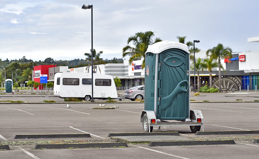Portaloos are the only facilities available for freedom campers riding out lockdown at The Hub carpark.