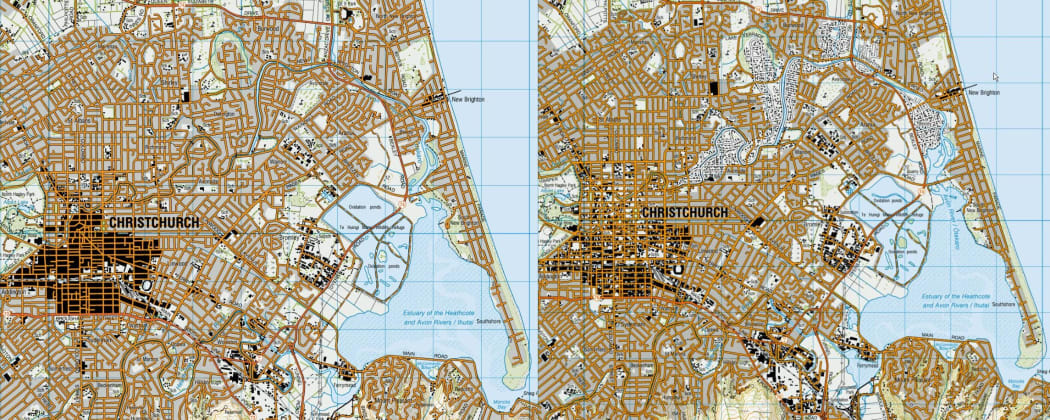 In the pre- earthquake map the central business district is a large black shaded area. In the post- earthquake there is only scattered black in the CBD and the ghostly remains of houses and roads in the red zone along the Avon River