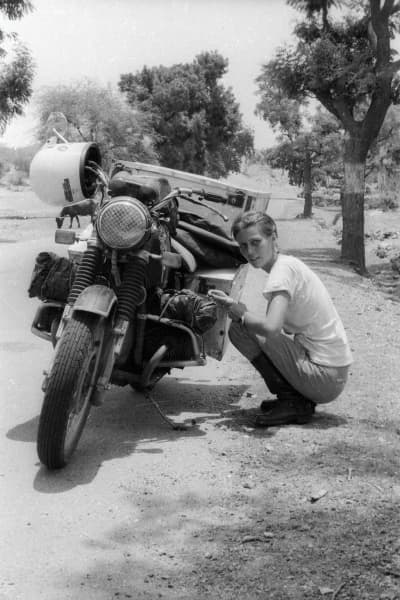 Elspeth Beard and her bike in India.