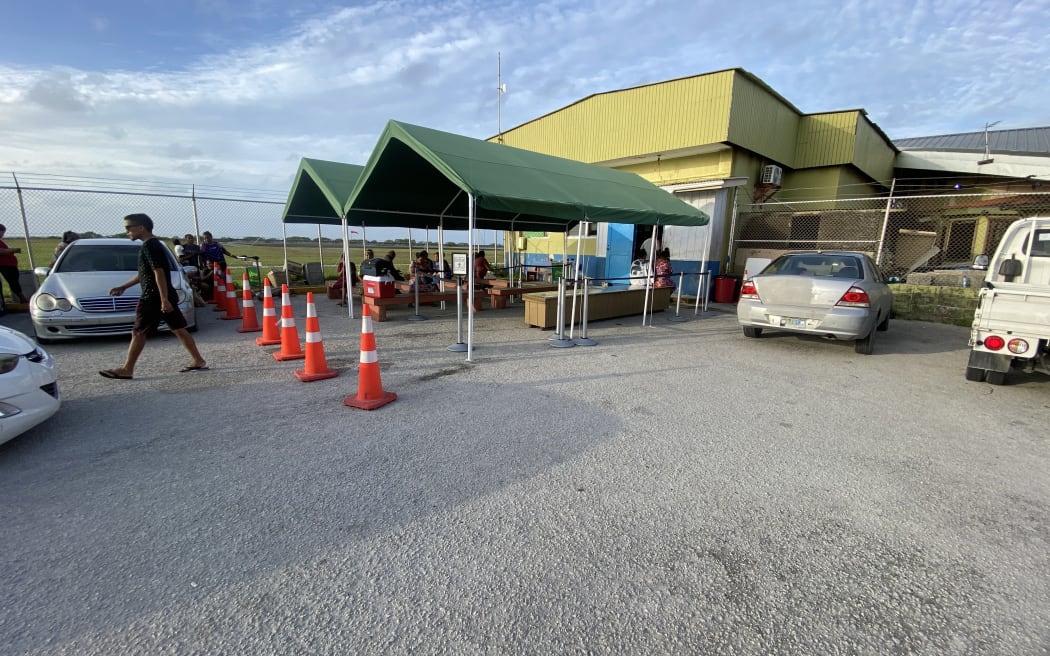 Air Marshall Islands set up a temporary passenger check-in using its cargo facility next to the main terminal at Amata Kabua International Airport in Majuro after the terminal was declared unsafe for use in January.