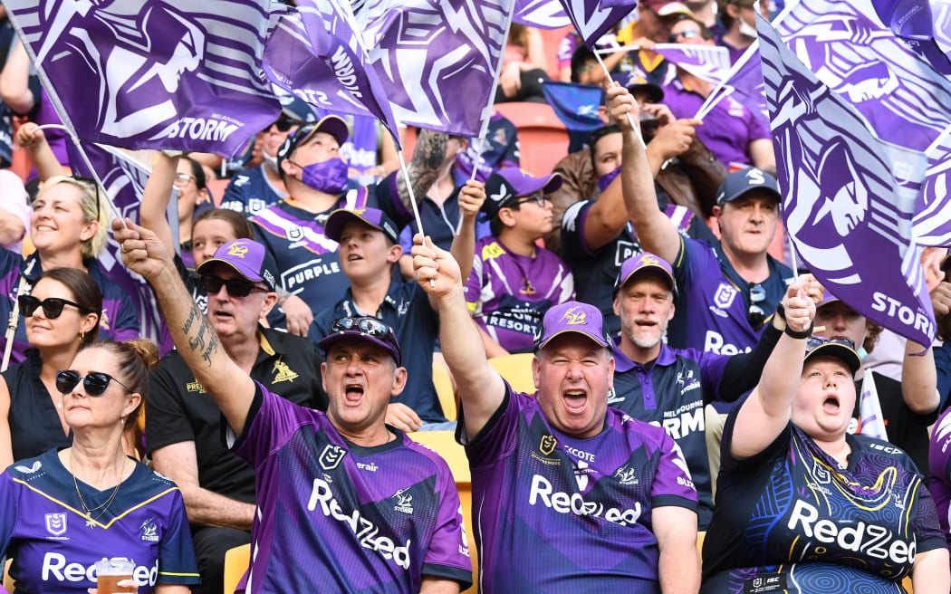 Storm fans are seen before the NRL Preliminary Final match between Melbourne Storm and Penrith Panthers at Suncorp Stadium in Brisbane, Wednesday, May 1, 2019. (AAP Image/Dave Hunt / www.photosport.nz
