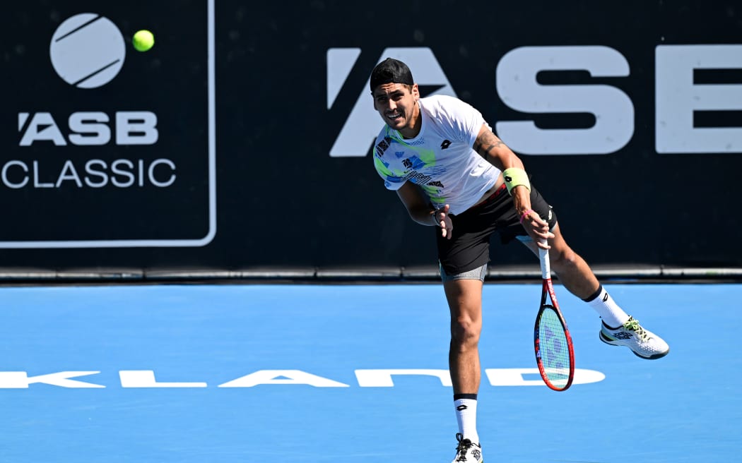 Alejandro Tabilo of Chile plays a shot against Arthur Fils of France during the singles semi-final match.