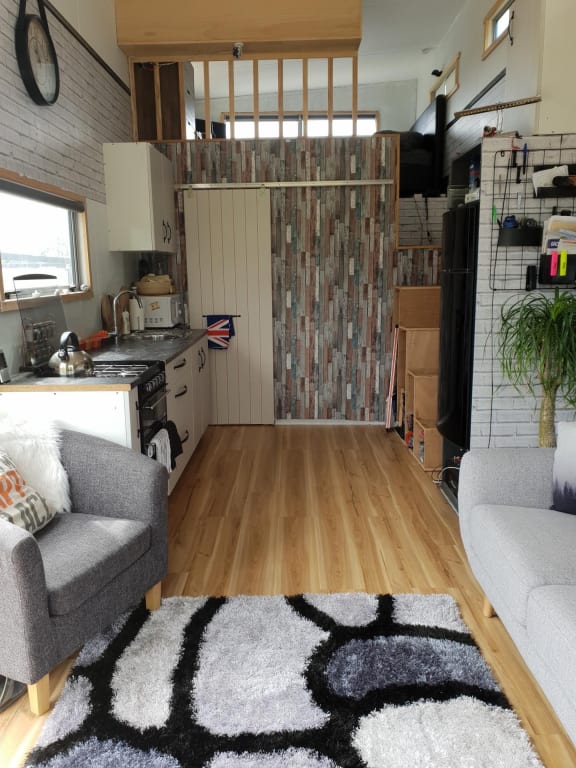 Inside Alan Dall's tiny house, which is on wheels and can be towed.