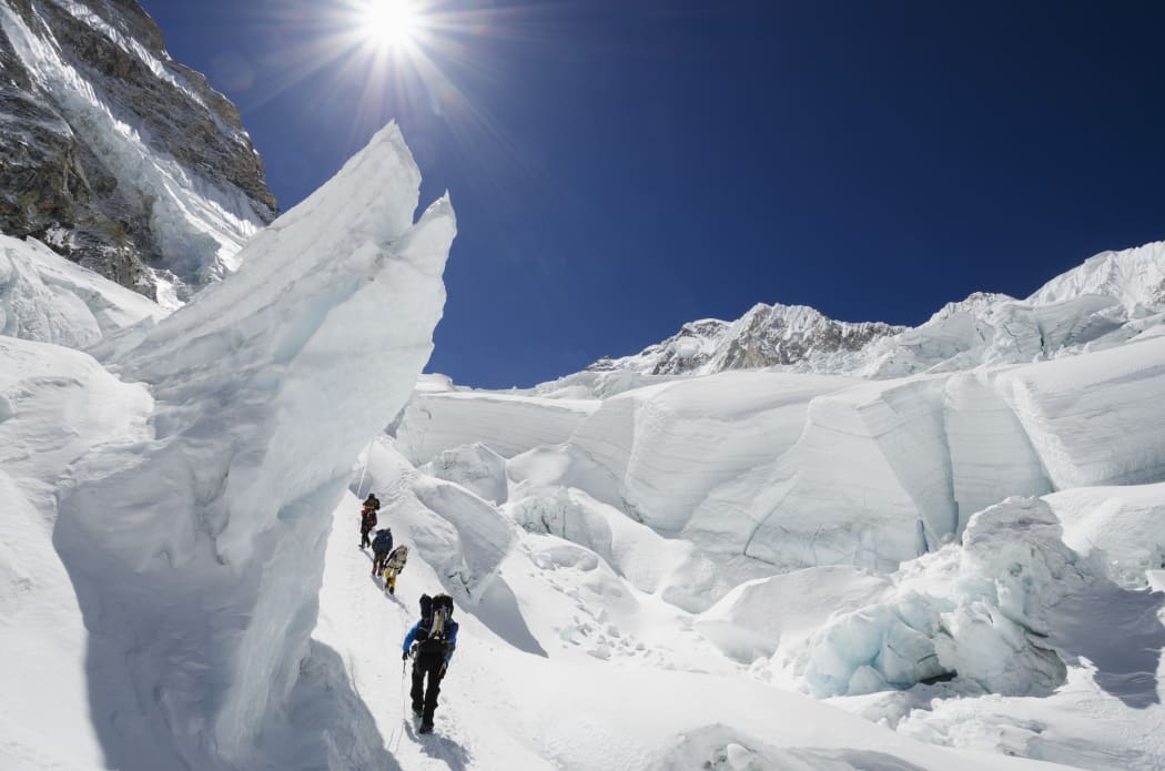 Climbers in the Khumbu icefall, Mt Everest, in 2012.