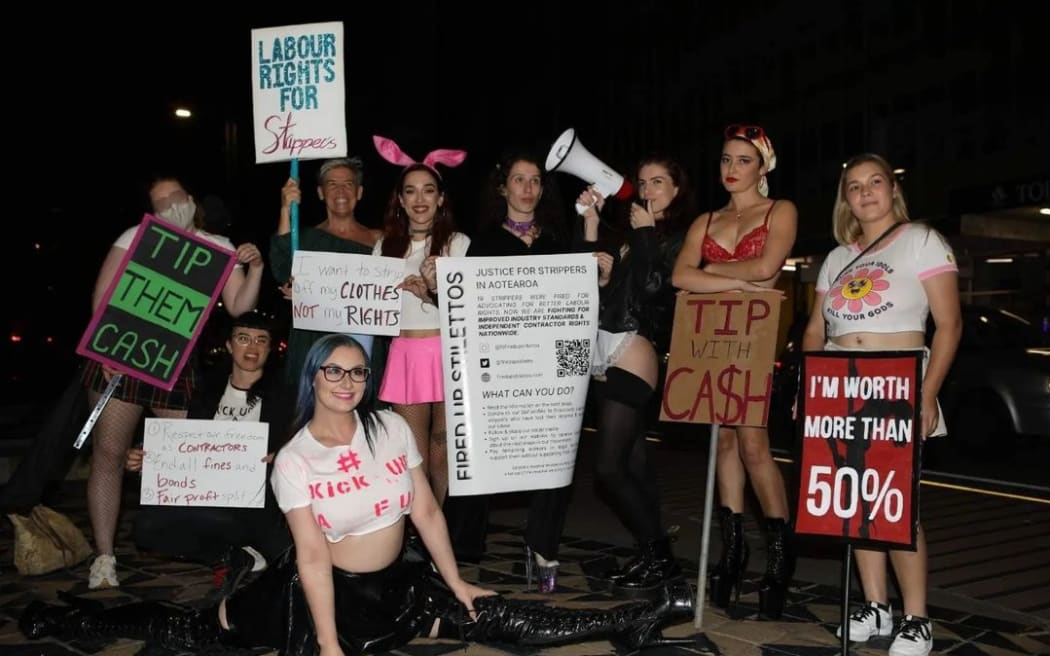 Wellington stripper's advocacy group Fired Up Stilettos at a protest for better employment conditions on 18 February 2023
