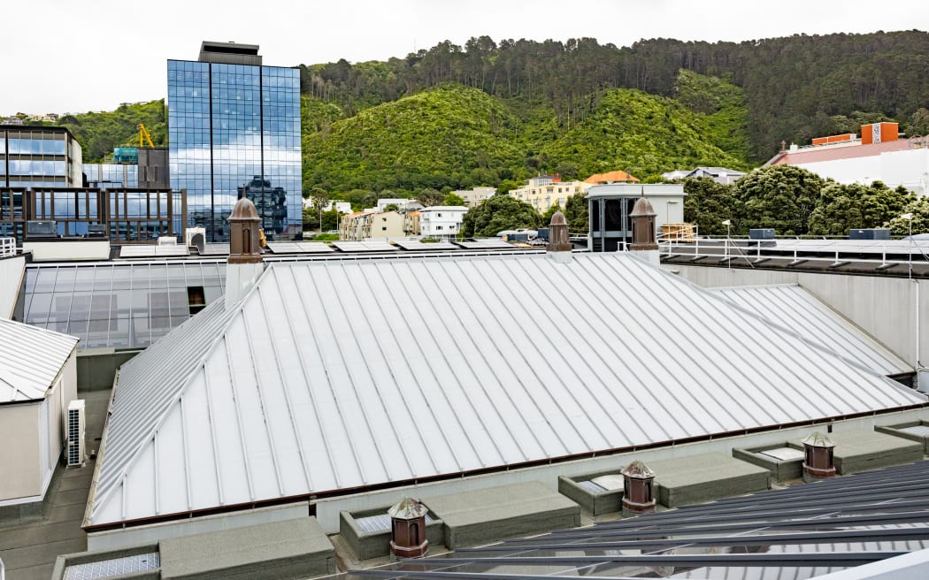 The hipped roof of Parliament's debating chamber, complete with decorative copper cupola air vents.