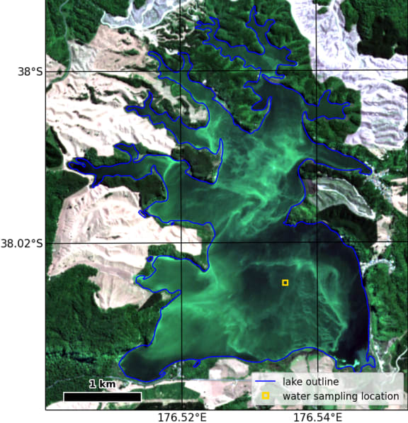 Satellite images of a Rotorua Lake showing algal blooms.