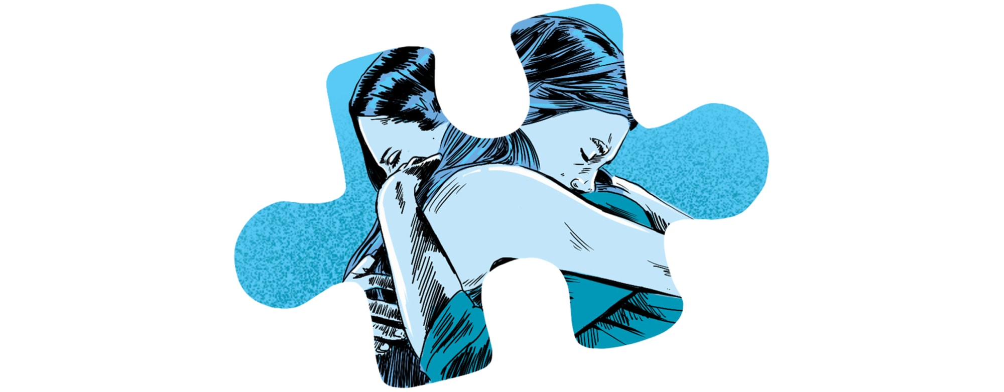 Dark graphic novel style illustration of teenage girl and mother embracing framed in a puzzle piece