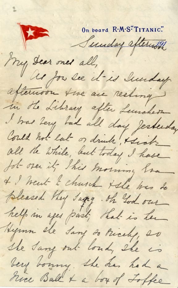 A page of the only known letter written on board the Titanic on the day it struck an iceberg and sank.