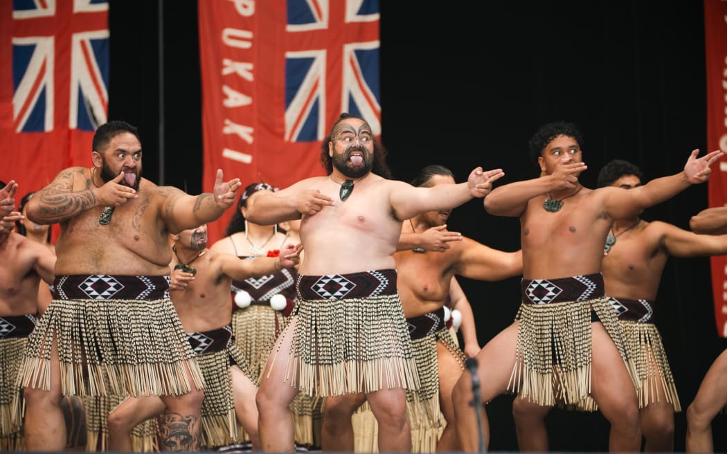 Te Kapa Haka o Ngāti Whakaue at 2025 Te Matatini Festival at Pukekura/Bowl of Brooklands in New Plymouth.