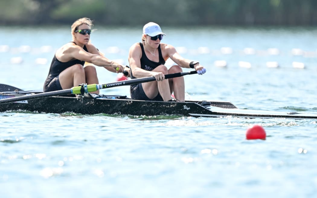 Alana Sherman (stroke) and Kate Haines (bow), Women’s Coxless Pair, New Zealand racing the repechage, at Vaires-sur-Marne Nautical St. - Flatwater, Paris, France on Monday 29 July 2024. 
2024 Paris Olympic Games.
Photo credit: Steve McArthur / www.photosport.nz