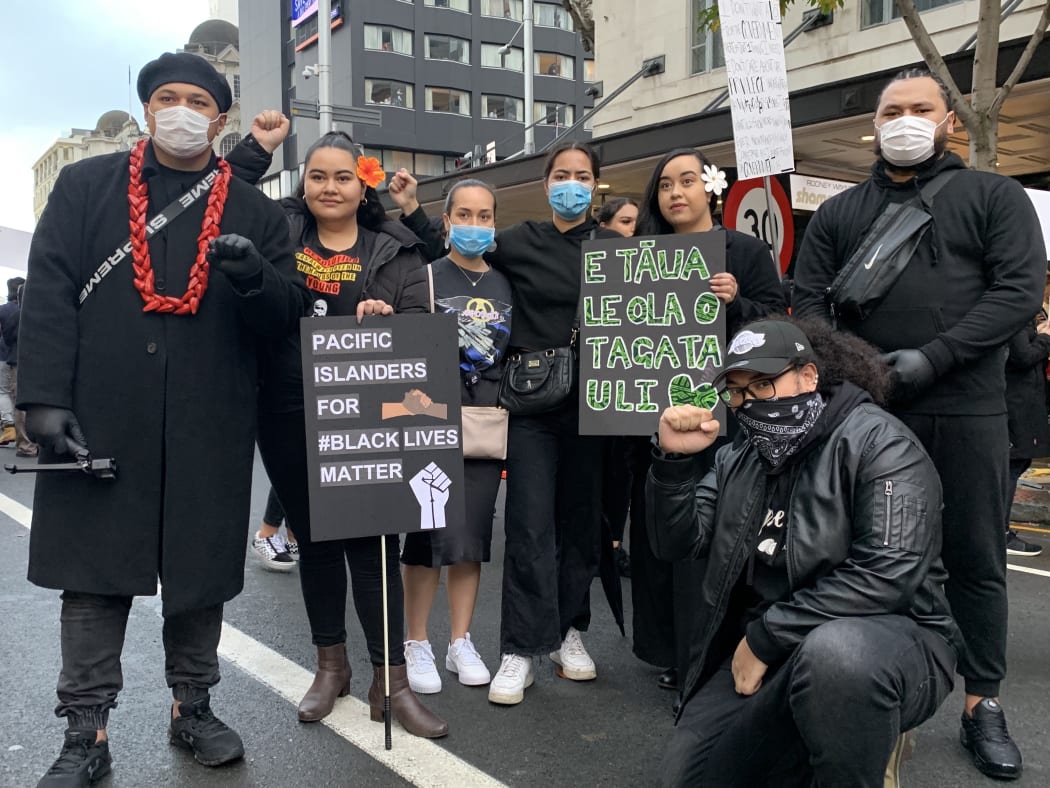 Pacific Climate Warriors at #BLM Auckland protest, Christopher Tenisio (L).