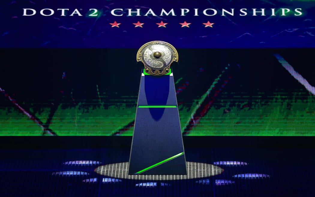 The Aegis of Champions trophy is displayed on the stage during the first day of the International 2018 Dota 2 Championships at Rogers Arena on August 20, 2018 in Vancouver, Canada.