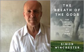 Image of Simon Winchester and his book cover The Breath of the Gods.