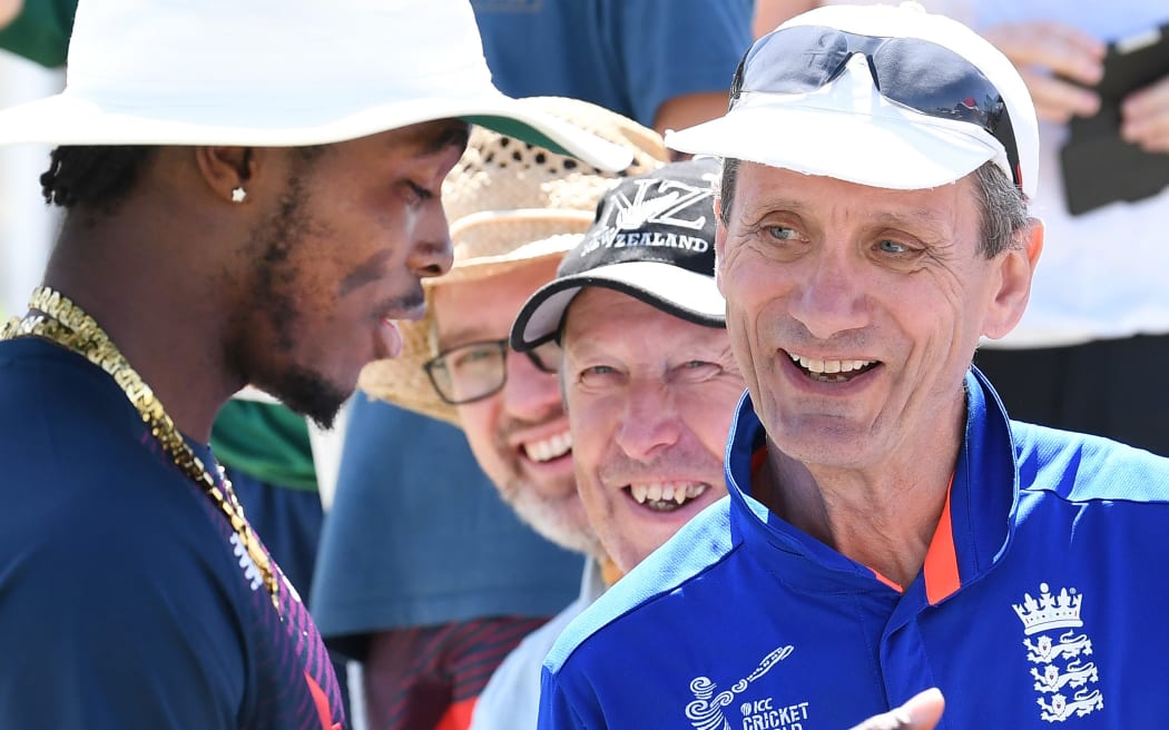 England's Jofra Archer signs autographs during the first test at Bay Oval.