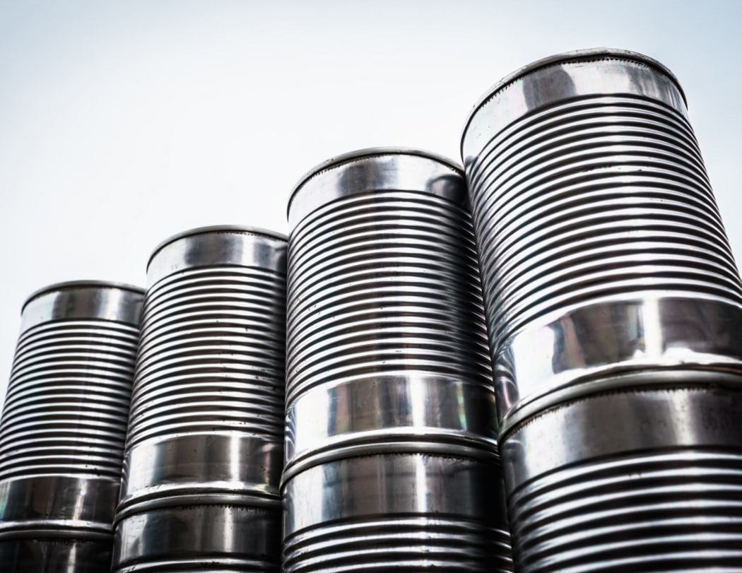Close up of stacked aluminum cans