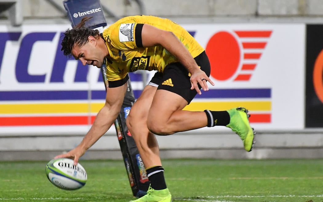 Hurricanes Kobus Van Wyk scores a try during the Hurricanes vs Blues Super Rugby match at Sky Stadium in Wellington on Saturday the 7th of March 2020.