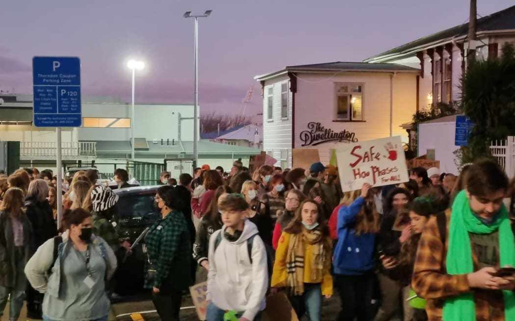 Demonstraters marched to the US embassy in Wellington on Friday night, protesting against the US Supreme Court's ruling on abortion law.