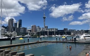 The Sky Tower stands tall behind the Karanga Plaza pool.