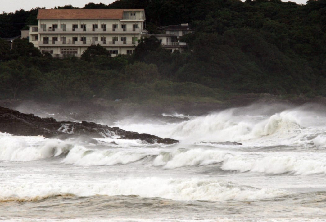 High waves crash into the coast at Hyuga in Miyazaki prefecture, Japan's southern island of Kyushu.