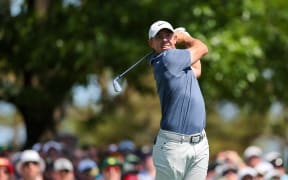 Rory McIlroy plays his shot from the fourth tee during the final round of the Masters. 2025.