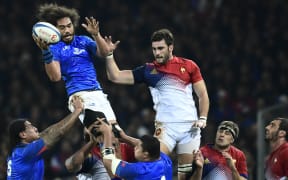 Chris Vui wins a lineout on test debut for Manu Samoa against France.