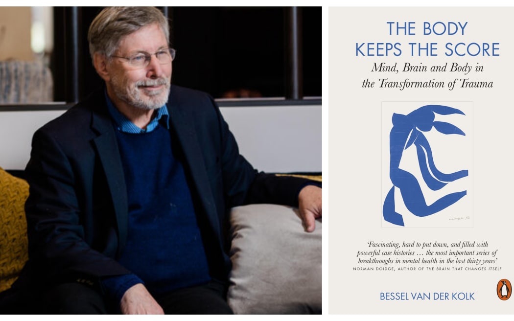 composite of Bessel Van de Kolk and his book cover for "The Body Keeps the Score"