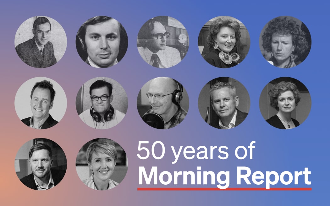 A collage of 12 circular black-and-white portraits of past and present broadcasters, arranged in two rows, celebrating 50 years of 'Morning Report.' The background transitions from a warm orange hue at the bottom to a cool blue at the top. The text '50 years of Morning Report' is prominently displayed in white, with 'Morning Report' underlined in red