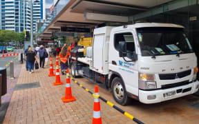 Wellington Water repair crew at Lambton Quay after a pipe burst on 16 February, 2024.