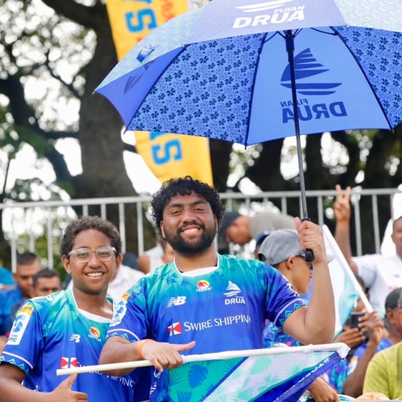 Fiji Drua fans cheer on their team at Churchill Park in Lautoka
