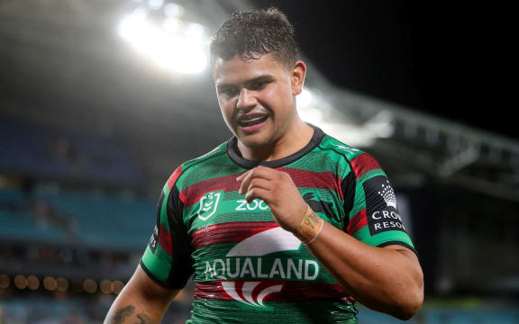 Latrell Mitchell of the Rabbitohs looks on during the round three NRL match between the South Sydney Rabbitohs and Sydney Roosters at Stadium Australia on March 26, 2021 in Sydney, Australia.