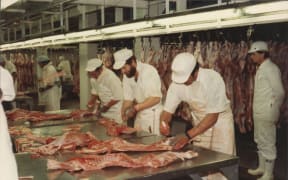 Staff at work at Pātea freezing work about the era it closed.