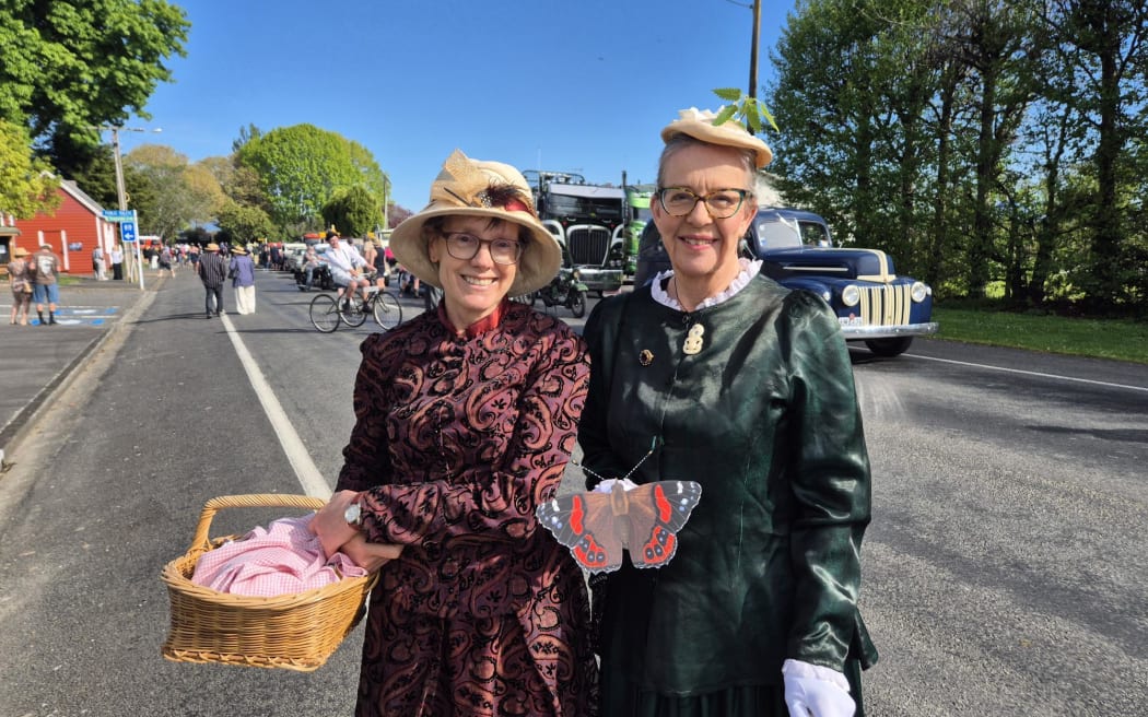 Ongaonga teacher Penelope Gordon and Green MP Celia Wade Brown dressed in their finest Victorian clothing.